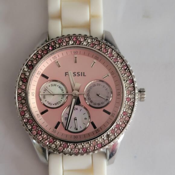 women-s-fossil-modern-pursuit-  Fossil Womens Watch Pink Dial Silver Tone White Silicone Multi Dial Crystal